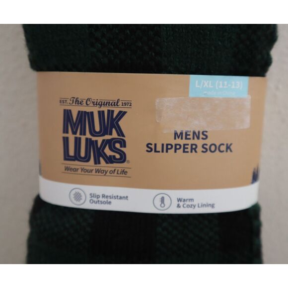 Original Muk Luks 16342-310 Mens Sz L/XL (11-13) Green/Black Plaid Slipper Socks - Picture 4 of 5